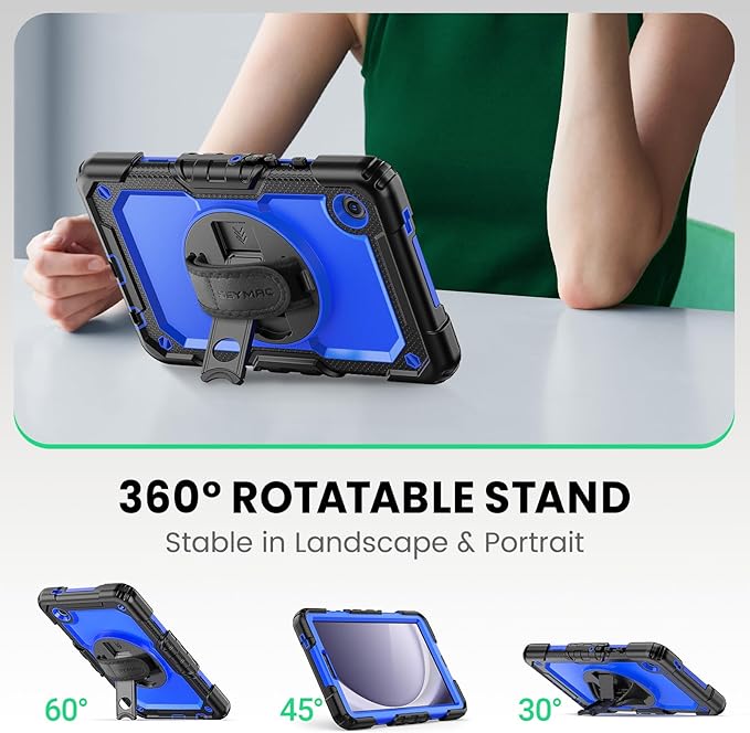 SEYMAC for Samsung Galaxy Tab A9 Case 8.7 Inch 2023 (SM-X110/X115/X117) Heavy Duty Shockproof Protective Case with Screen Protector Rotating Stand Hand/Shoulder Strap and Pen Holder Blue