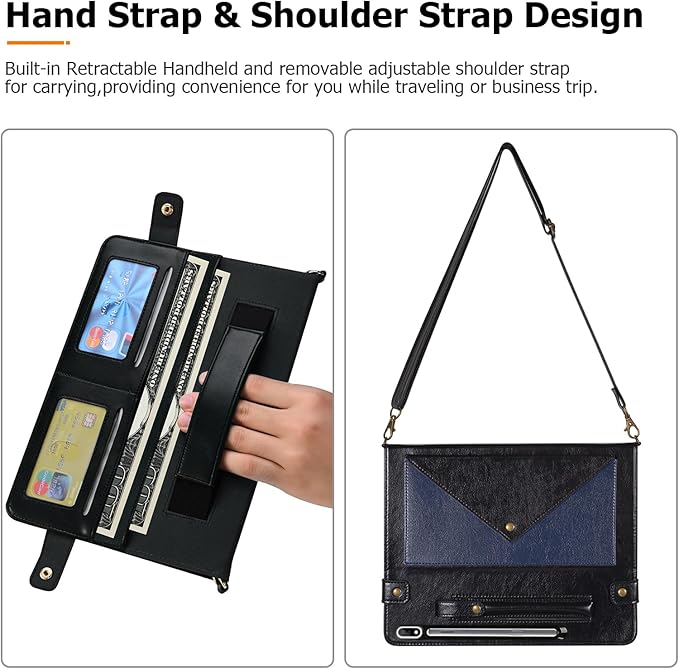 Dteck Case for Samsung Galaxy Tab S9 FE 10.9/S9/S8/S7 11Business PU Leather Folding Stand Protective Cover with S Pen Holder Shoulder Hand Strap Card Slots Handbag Wallet CaseBlue/Black