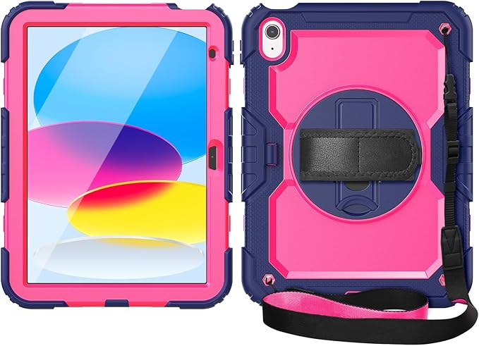 Kids Case for iPad (A16) 11th/10th Generation 11''/10.9'' 2025/2022: Shockproof Protective Case with Hand/Shoulder Strap Pencil Holder Rotate Stand Screen Protector
