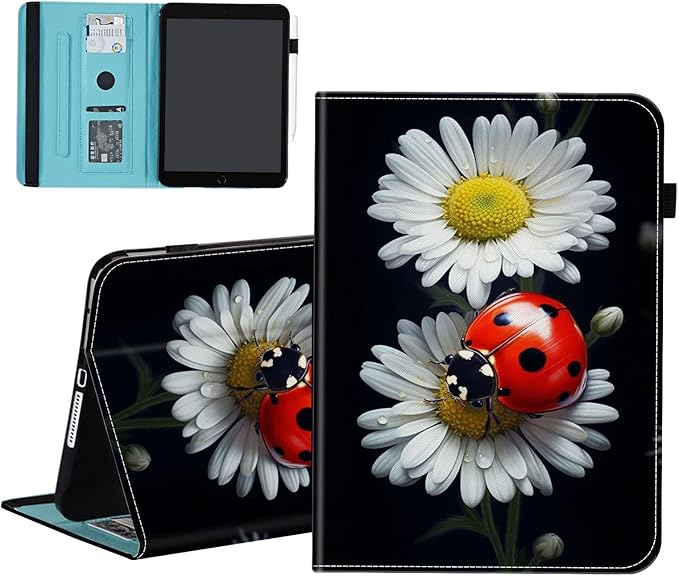 Case for iPad 9th / 8th / 7th Generation (2021/2020/2019) 10.2 inch/iPad Air 10.5 2019 / iPad Pro 10.5 2017Wallet PU Leather Folio Cover with Auto Sleep/WakeLadybug on Daisy Flower