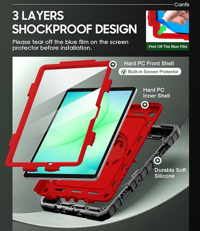 Cantis Case for Samsung Galaxy Tab A11 Plus 11 Inch 2026 (SM-X230/X236/X238) Shockproof Case for Tab A11+ with Screen Protector/Rotating Stand/Pen Holder/Shoulder Strap Black+Red
