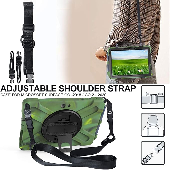 Tablet Case with 360 Rotating Strap and Stand Heavy Duty Protective Full Body Cover Compatible with Microsoft Surface Go 4/3/2/1 Camouflage