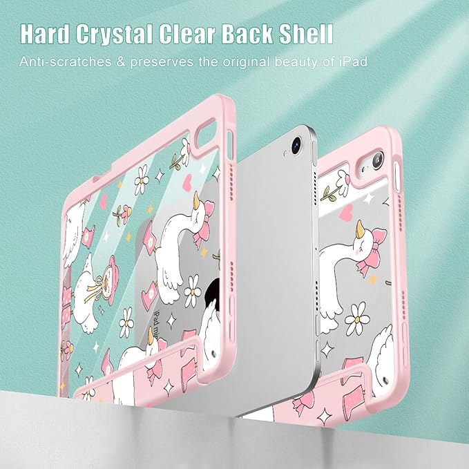 May Chen Slim Case for iPad mini 7 (A17 Pro 7th Generation) 2024 / iPad mini 6 (6th Gen) 8.3 Inch [Built-in Pencil Holder] Shockproof Cover Clear Clear Back Shell Auto Wake/Sleep Cute Goose Spring