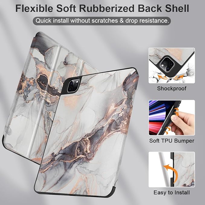 DONGKE Case for iPad Pro 12.9 inch 6th Generation 2022 Built-in Pencil Holder + Trifold Stand + Auto Wake/Sleep + Protective Cover for iPad Pro 12.9 5th/4th/3rd Gen - Grey Marble