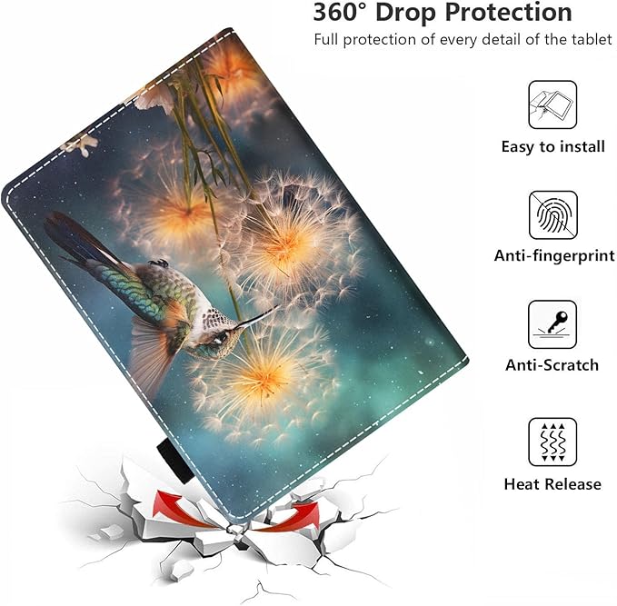 Case for All-New Amazon Kindle Fire HD 10 &amp 10 Plus Tablet 10.1 (13th/11th Generation 2023/2021 Release) PU Leather Folio Case with Smart Auto Wake/Sleep Hummingbird and Dandelion