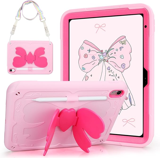 VOFUOE for iPad A16 Case 11th Generation 2025 11 Inch for iPad 10th Generation Case 2022 10.9 Inch for Kids Girls with Sweet Bow Stand Shoulder Strap Pencil Holder Hard Cover-Pink &ampHot Pink Bow