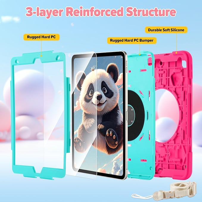 Case for iPad 9th/8th/7th GenerationCute 3D Cool Panda Warrior Design Cover with Screen Protector Rugged Protective Cartoon Case with Stand/Strap/Pen Slot for iPad 10.2 Kids Teens (Rose+Mint)
