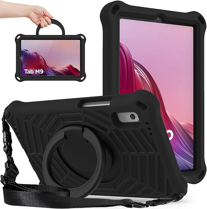Compatible with Lenovo Tab M9 9.0 inch (TB-310FU) 2023 Case Tablet for Kids Light Weight EVA Rugged Shockproof Full Cover 360 Rotating Handle Stand Case (Black)
