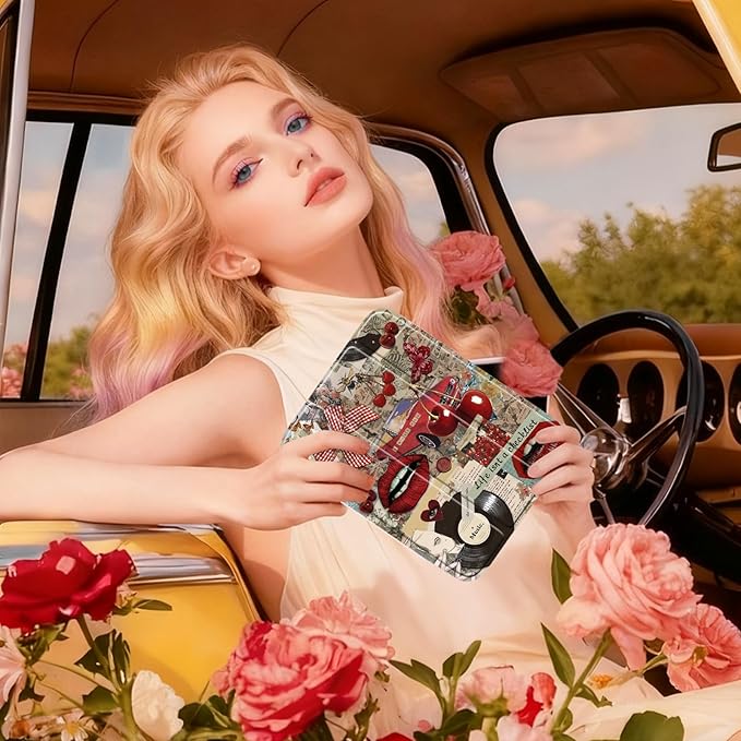 Retro Vintage iPad mini 6/7 8.3'' Case 2021/2024 Model A15/A17 Pro Red Lips Cherry Vinyl Aesthetic Bow Acrylic Back with Pencil Holder Auto Wake/Sleep Girls Protective Cover
