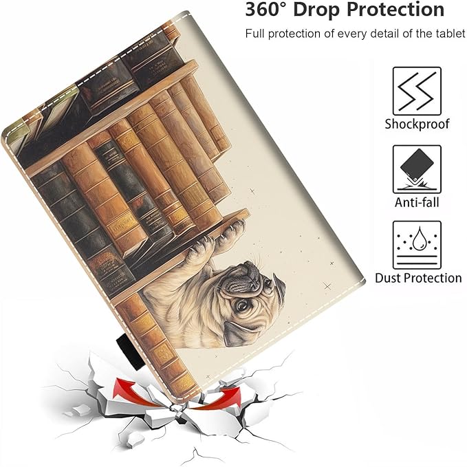Case for All-New Amazon Fire HD 10 &amp 10 Plus Tablet 10.1 (13th/11th Generation 2023/2021 Release) Slim PU Leather Stand Cover with Card Slot &amp Auto Wake/Sleep Pug on Bookshelf