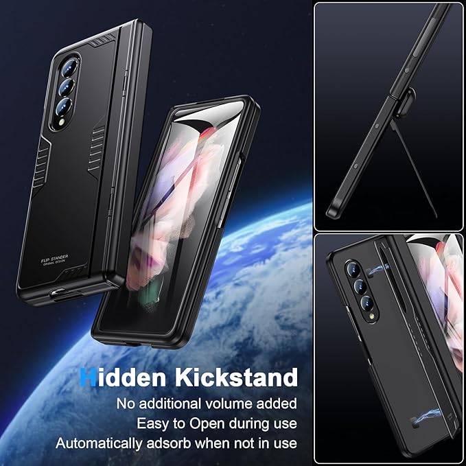 for Samsung Fold3 Kickstand Case: Galaxy z3 fold 5G Phone Cover with Hinge Protection Screen Protector 2021 Black