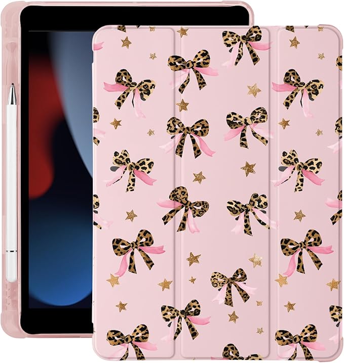 Cute Ribbon Bow Star for iPad 5th/6th Generation Case with Pencil Holder Auto Sleep/Wake Pink Leather Soft TPU Back Cover for iPad 9.7 Inch