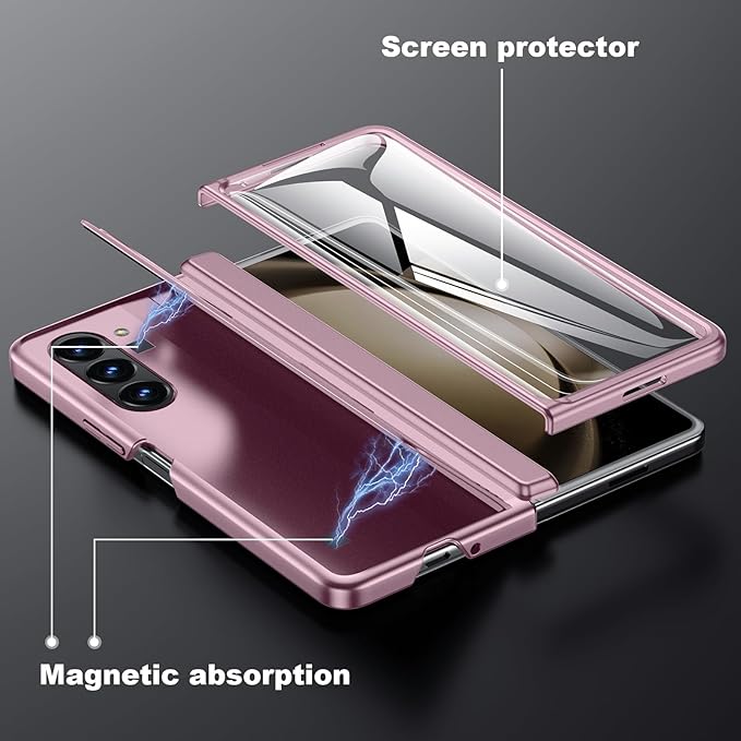Phone Case for Samsung Z-Fold-5: [Hidden Kickstand][Wireless Charging] Slim Hinge Protection Lightweight Stand Case with Screen Protector- Protective Cover for Galaxy Fold 5 5G 2023 (Rose Gold)