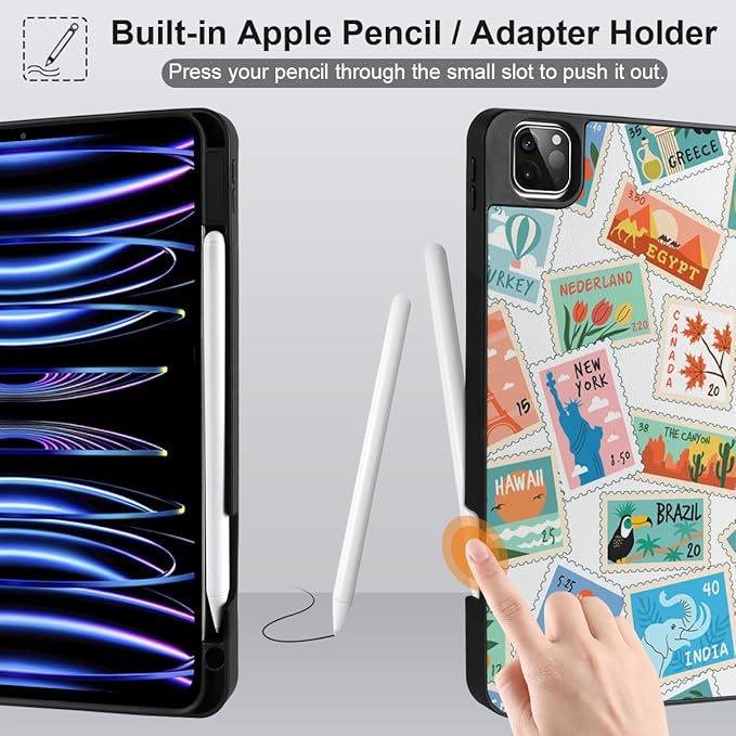 DONGKE Case for 2022/2021/2020/2018 iPad Pro 11 inch Gen 4/3/2/1 - Slim Protective Case - Built in Pencil Holder Support Charging - Trifold Stand &amp Sleep/Wake Cover- Post Stamps