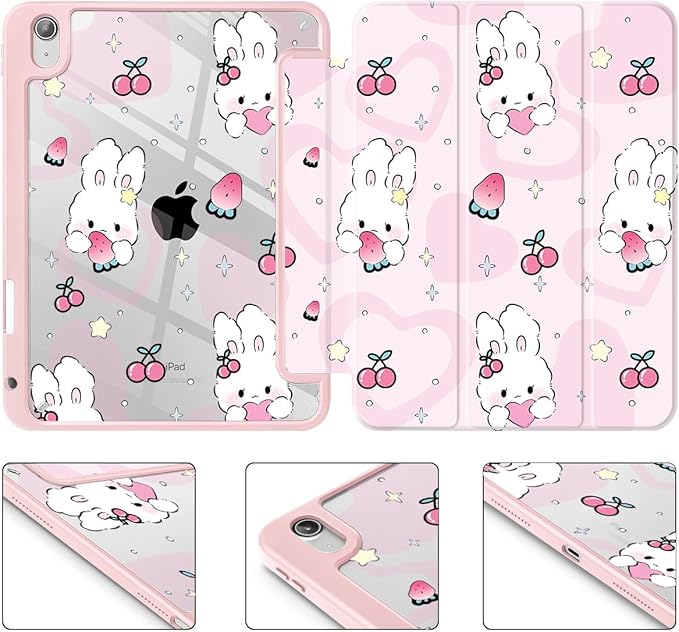 Case for iPad 11 inch A16 2025 Generation 11th / iPad 10.9 inch 2022 10th Gen Buit in Pencil Holder with Shockproof Cover Clear Transparent Back Shell Auto Wake/Sleep Rabbit &amp Strawberry