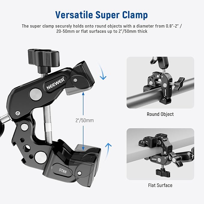 NEEWER Super Clamp with 3 Dual Ballhead Magic Arm Camera Phone Clamp Mount with 1/4 3/8 Threads Cold Shoe Phone Holder Action Camera Adapter Compatible with GoPro DJI iPhone 16 15 Pro Max ST88