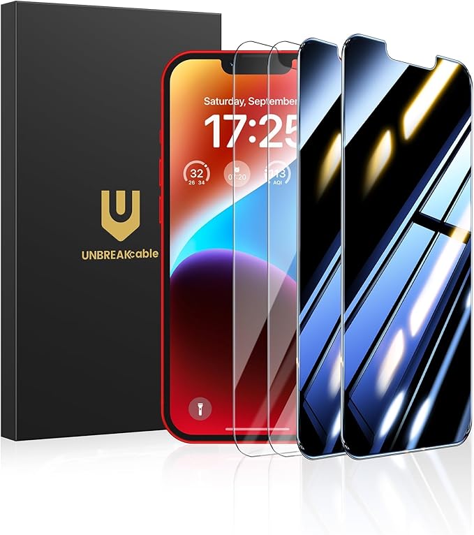 UNBREAKcable 4PCS Screen Protector for iPhone 14 Plus - 2 Privacy Tempered Glass+ 2 Clear Glass Double Shatterproof [Installation Frame] [9H Hardness] [Case Friendly] Anti-Scratch iPhone 6.7 inch