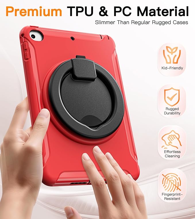 BATYUE Shockproof Case for iPad mini 4/5 (2015/2019) - 360° Multi-Angle Stand (Portrait &amp Landscape) &amp Grip Pencil Holder (Elastic Loop) Multi-Scene for All Ages Red