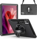 Junfire Protective Case for Lenovo Tab P12 12.7-inch 2024/2023 Shockproof Lenovo P12 Case with 360°Rotating Kickstand/Hand Strap/Shoulder Strap/Stylus Holder-Black