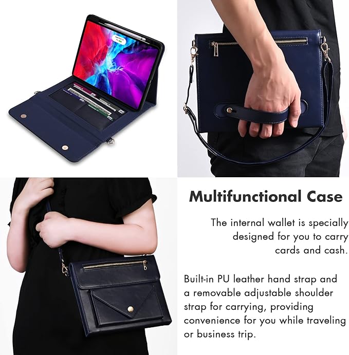 Dteck Business Flip Stand Cover for iPad Pro 11 Inch 4th/3rd Gen iPad Air 4th Gen PU Leather Pencil Holder Zipper Pocket Strap Protective Wallet Case Blue