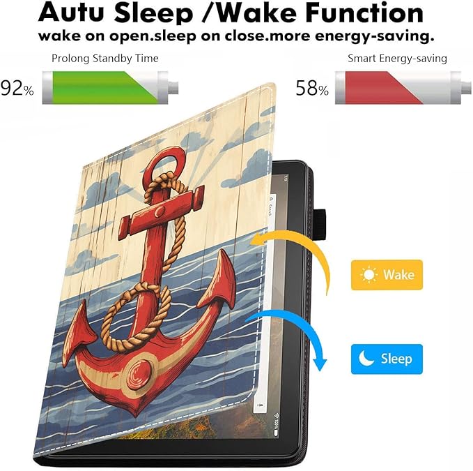 Case for All-New Amazon Kindle Fire HD 10 &amp 10 Plus Tablet 10.1 (13th/11th Generation 2023/2021 Release) - PU Leather Folio Case with Smart Auto Wake/Sleep Nautical Anchor