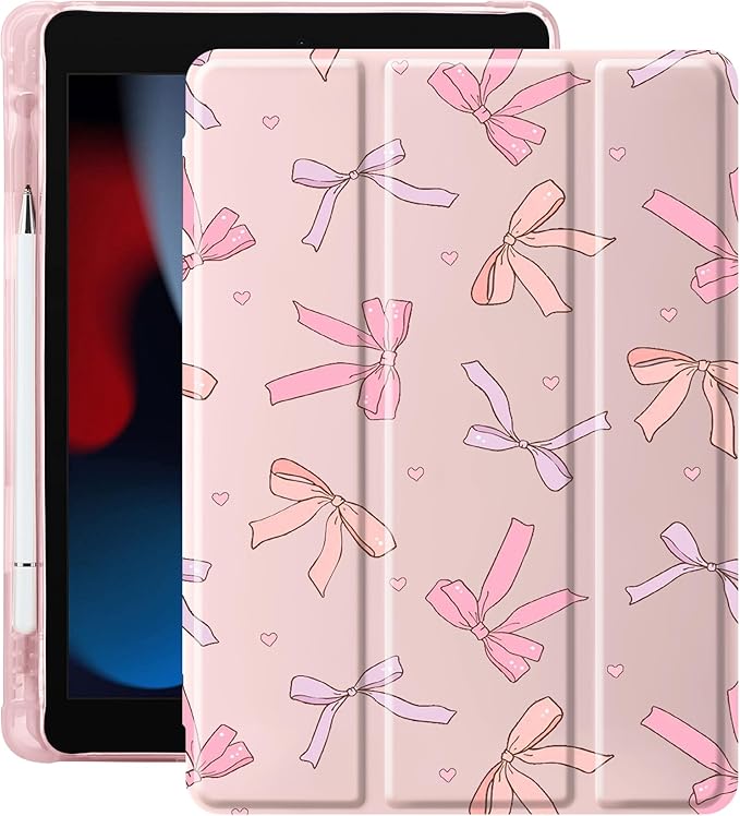 Idocolors Case for iPad 11 inch (A16 Chip) 2025 Generation 11th / iPad 10.9 inch 2022 10th Gen Built-in Pencil Holder with Soft TPU Shockproof Back Shell Auto Wake/Sleep Pink Bows-Pink