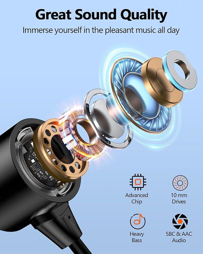 NANAMI Earbuds Update Bluetooth Wireless Headphones IPX7 Waterproof in-Ear Earphones with Mic Magnetic Neckband HiFi Stereo Deep Bass Noise Cancellation Headsets18 Hours Playtime for GymSports