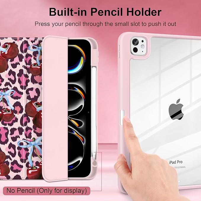 TWOLSKOO Case for iPad Pro 11-inch (M5 2025 / M4 2024) Clear Acrylic Back with TPU Bumper Pencil Holder Trifold Stand Auto Sleep/Wake Bows &amp Cherries
