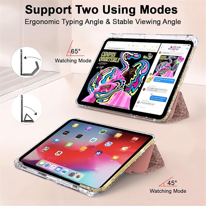 Case for iPad A16 11th Generation 11 inch 2025 &amp iPad 10th Generation 10.9 inch 2022 with Stand/Pencil Holder [Auto Wake/Sleep] Glitter Bling PU Leather &amp Clear Soft TPU Back Shell Rosegold