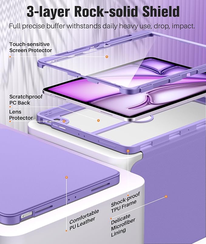 MoKo for iPad Air 13-Inch Case (M4/M3/M2) 2026/2025/2024 with Pencil Holder Heavy Duty 13 Inch iPad Air Case with Screen Protector Clear Back Lens Protector Multi-Angle Magnetic Stand Purple