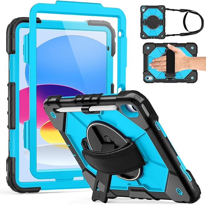 Weuiean Case for iPad A16 11th/10th Generation 11/10.9 Military-Grade Heavy-Duty Shockproof Cover with 360° Rotating Stand Built-in Pencil Holder &amp Adjustable Hand/Shoulder Strap -BrightBlue+B