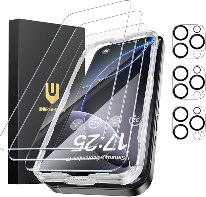 UNBREAKcable iPhone 16 Pro Screen Protector 3-Pack 3 Tempered Glass + 3 Camera Lens Protectors 9H Hardness HD Clarity Anti-Fingerprint Case Friendly 6.3 Inch