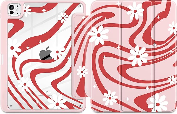 DONGKE for iPad Pro 11-Inch Case (M5 2025 / M4 2024) 6th/5th Generation [Auto Sleep/Wake &amp Pencil Pro Holder] Clear Acrylic Back Smart Trifold Stand Cover Swirl &amp Daisy