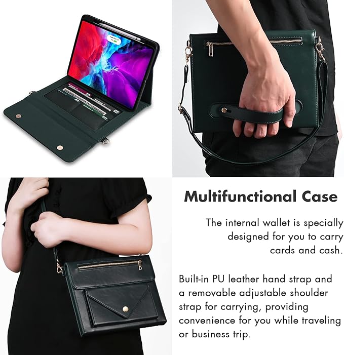 Dteck Case for iPad Air 13 (M2) 2024/iPad Pro 12.9 inch 6th/5th/4th/3rd GenerationPremium PU Leather Folio Stand Cover Pencil Holder Zipper Pocket Strap Shockproof Protective Business CaseGreen