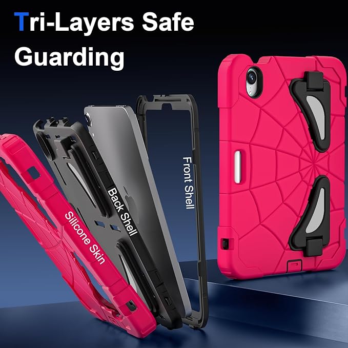 Kids Case for iPad mini 7 A17 Pro 2024/ Mini 6 8.3 inch Spider Case for iPad mini 7th 6th Generation Shockproof Durable Full Protective Cover with Pencil Holder Kickstand (Rose red+Black)