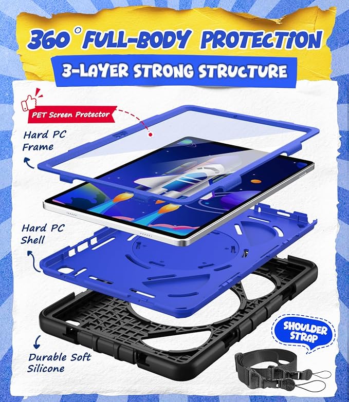 Grifobes Case for Samsung Galaxy Tab A11+ / A9+ Plus 11 inch 2026/2024 Full Body Protection with Screen Protector/Rotating Stand Hand/Shoulder Strap for 11” Tablet Cover Black+Blue