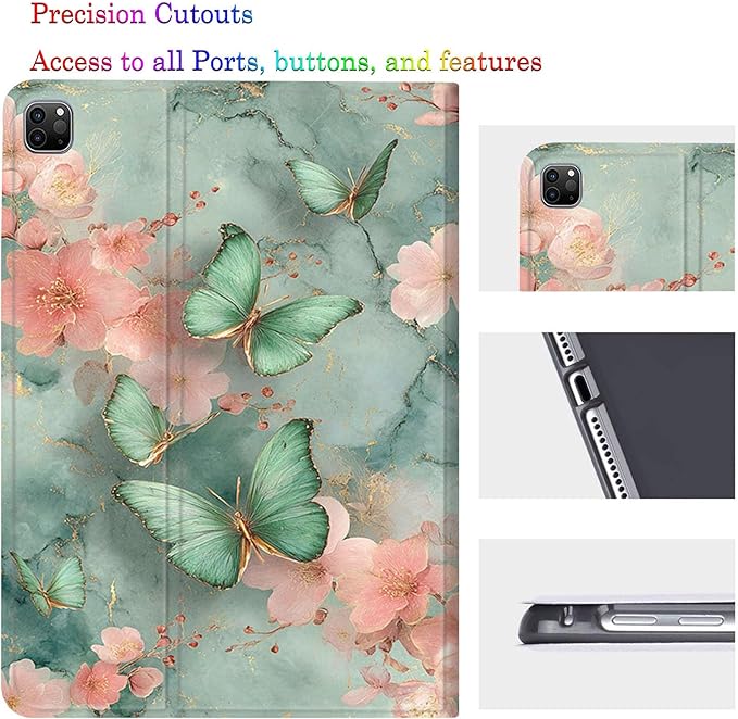 Case for Samsung Galaxy Tab A11 Plus/A9 Plus 11 Inch 2025/2023Adjustable Stand Auto Wake/Sleep Function Full Body Protection Cover - Green Butterfly Pink Flower