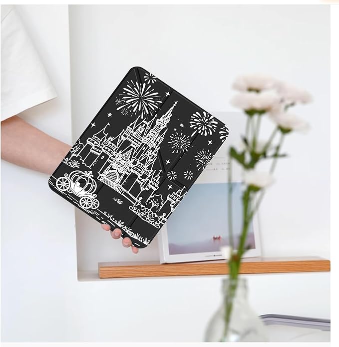 Cute White Castle for iPad (A16) 11th/10th Generation Case 11 Inch/10.9 Inch 2025/2022 with Pencil Holder Auto Sleep/Wake Black Leather Acrylic Back Detachable Cover