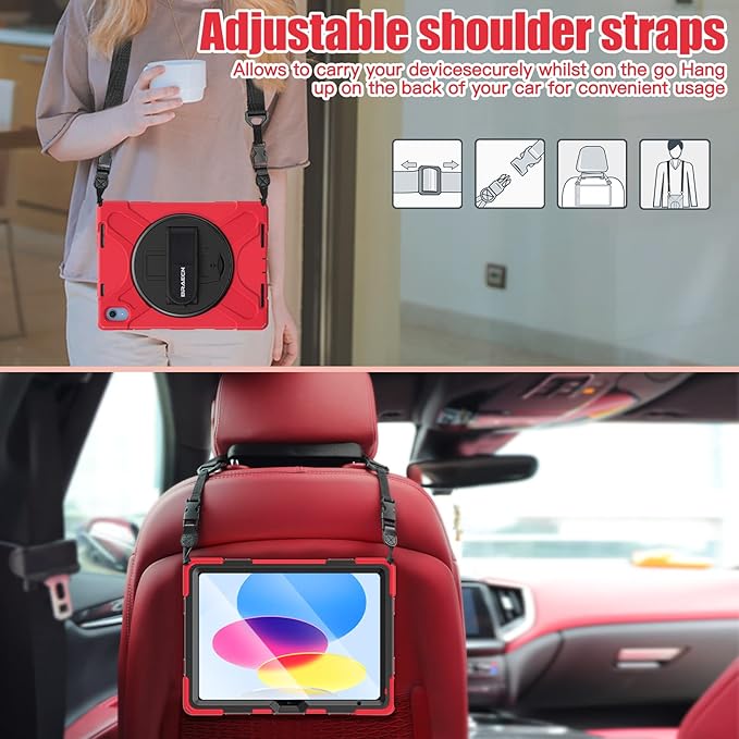 BRAECNstock for Apple iPad (A16) 11th/10th Generation Case 11/10.9 2025/2022 Shockproof Protective Case with Screen Protector Pencil Holder Rotating Stand&ampHand Strap Shoulder Strap Red