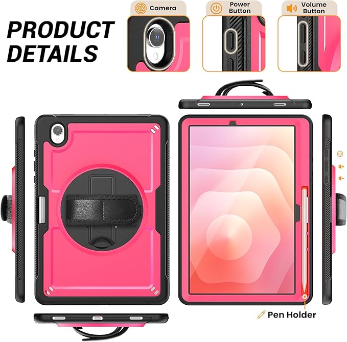 Case for Samsung Galaxy Tab S10 Lite / S10 FE / S9 FE 5G / S9 Tablet Case 10.9''/ 11'' with Screen Protector Pen Holder 360°Rotate Hand Strap/Stand Shoulder Strap Rose Red