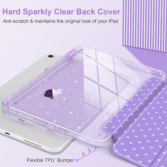 DONGKE for iPad Pro 11 inch Case – Fits M5 2025 / M4 2024 Shockproof Sparkling Glitter Acrylic Back Pencil Holder Trifold Stand Auto Sleep/Wake &amp Touch ID Support - Purple Polka Dot