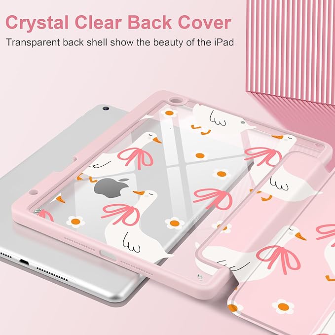 MEEgoodo Case for iPad 10.2 inchTablet Cases for iPad 9th Generation 2021/8th Gen 2020/7th Gen 2019 with Clear Acrylic Back Shell+Pencil Holder+Auto Wake/Sleep+Trifold StandGoose Farm &amp Bows