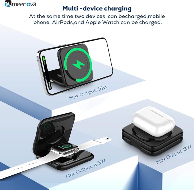 Meenova Foldable 3 in 1 Wireless Charger Compatible with MagSafe Apple iPhone 15 14 13 12 Watch AirPods Lightweight PortableStrong Magnetic Attraction Suitable for Outdoor Offices etc. (Black)