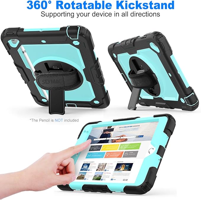 SEYMAC stock Case for iPad mini 5/4 with Screen Protector Pencil Holder [360 Rotating Hand Strap] &amp Stand Drop-Proof Case for iPad mini 5th/4th Generation 7.9 inch (SkyBlue+Black)