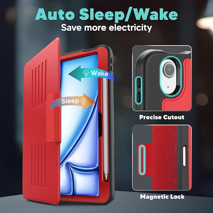 SEYMAC for iPad Air 11 inch Case M4/ M3/ M2 (2026/2025/ 2024) Full Protective Auto Sleep/Wake Strong Magnetic Cover with 5 Standing Angles and Pencil Holder Red