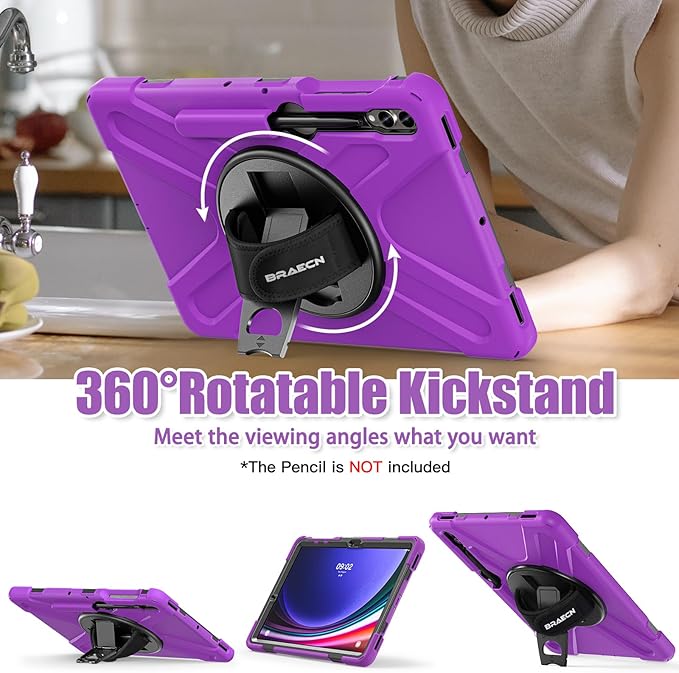 BRAECNstock for Samsung Galaxy Tab S10+ Plus/ S9 FE+ Plus/ S9+ Plus/ S8+ Plus/ S7 FE/ S7+ Plus 5G Tablet Case 12.4 Shockproof Protective Kids Case with Pen Holder Rotating Hand Strap &amp Stand - Pu