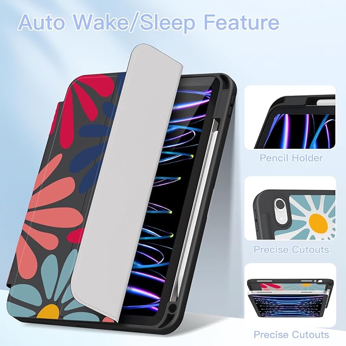 Teryeefi Case for iPad (A16) 11 inch (2025)iPad 10th Generation 10.9 inch (2022) with Pencil Holder Auto Wake/SleepPremium Stand Foldable Case with Crystal Clear Hard Back TPU Shell Colorful Flower
