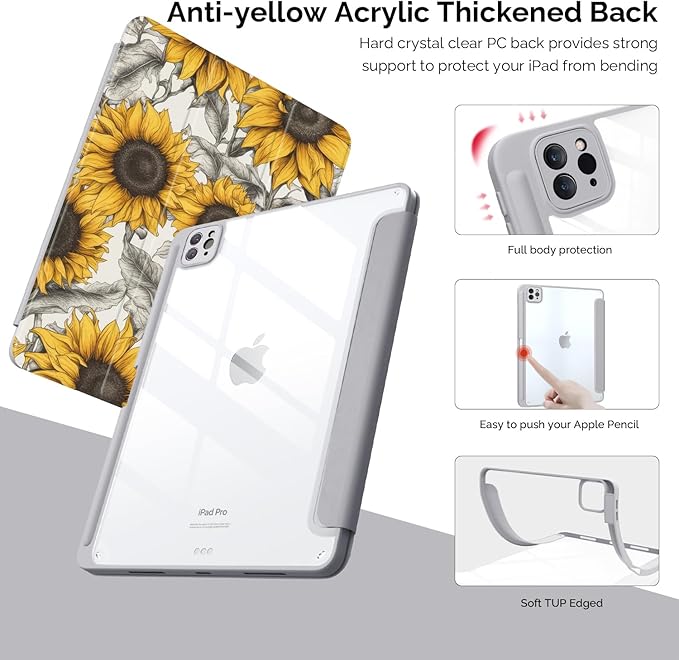 Cute Sunflower for iPad Air 11 Inch Case 2024 with Pencil Holder Foldable Grey Leather Cover Case Support Auto Sleep Wake