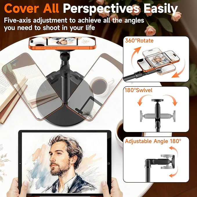 360° Rotating Magnetic Phone Stand for MagSafe 2 in 1 Adjustable Tablet Stand &amp Cell Phone Stand Aluminum Phone Holder for Desk Compatible iPhone 17 16 15 14 13 12 Pro Max and IPad Black
