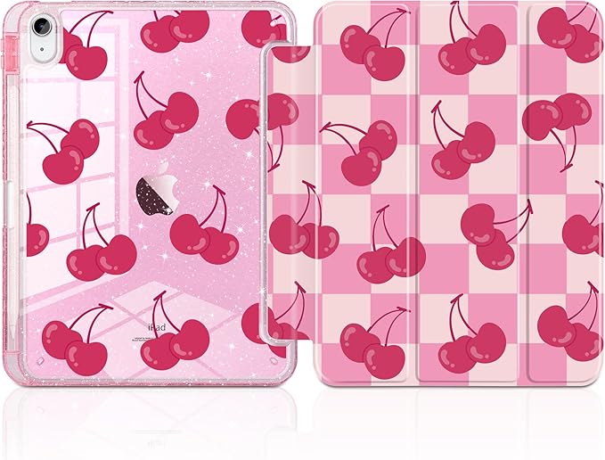 TWOLSKOO Sparkly Case for iPad Pro 11 inch (M5 2025 / M4 2024) Glitter Hard Acrylic Back with Pencil Holder Slim Trifold Stand Folio Cover Auto Sleep/Wake Checkered Cherry